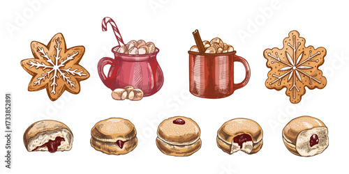 Hand drawn vintage sketch of holiday gingerbread, hot cocoa with marshmallow and jelly donut in colored version
