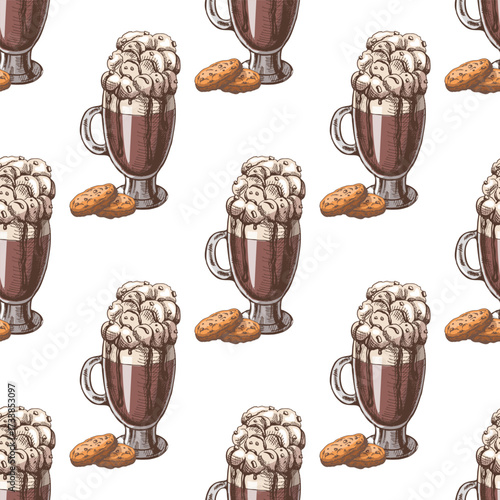 Hand drawn vintage seamless pattern of hot chocolate with marshmallows in glass cup and cookies, color version, vector illustration