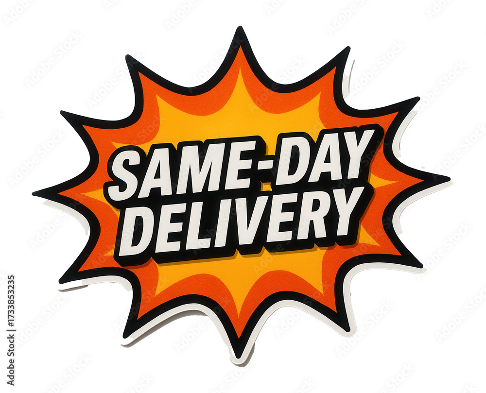 Fototapeta premium Colorful burst sticker with SAME-DAY DELIVERY promotion in bold font, dynamic retail offer on transparent background.