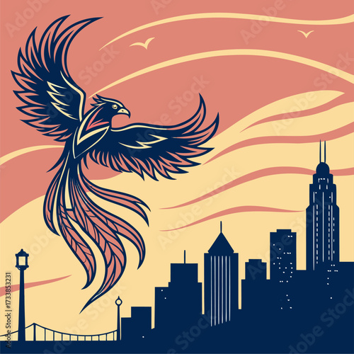 A stylized illustration of a phoenix rising above a cityscape. The image, likely destined for stock, features a warm color palette and graphic style.

