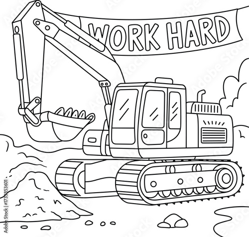 Cartoon Excavator with " Work Hard" Banner on Construction Site digger machinery