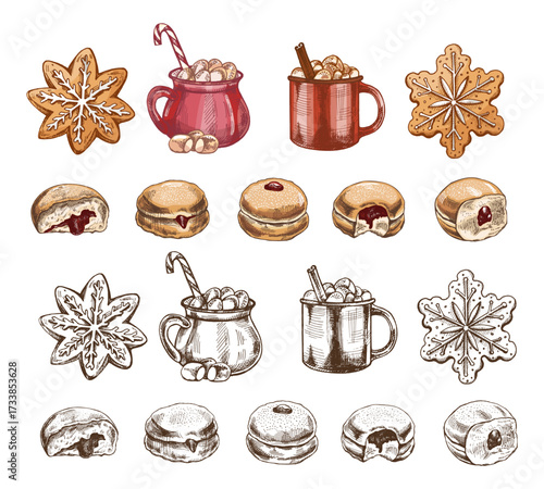 Hand drawn vintage sketch of Christmas gingerbread, hot cocoa with marshmallow and jelly donut in color and monochrome