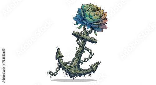 An old anchor entwined with vines and a blooming flower, Generative AI.
