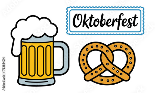 Oktoberfest vector clip art, beer mug with foam, pretzel illustration, festive German beer festival design