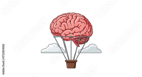 Brain Hot Air Balloon Flying Above Clouds Representing Ideas, Generative AI.