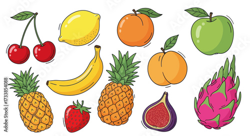 Illustration of various fruits including cherries, lemon, banana, and pineapple.