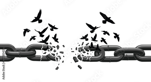 Broken Chain with Birds Flying Free Symbolizing Freedom and Liberation, Generative AI.