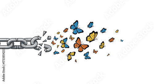 Broken Chain Transforming into Butterflies Symbolizing Freedom and Transformation, Generative AI.