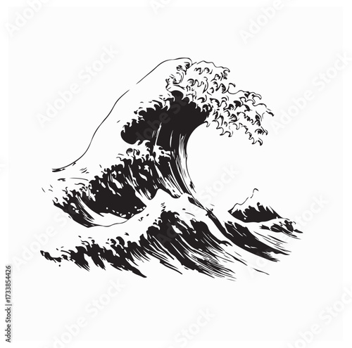Big Ocean Waves Black White Vector Graphic Illustration Design