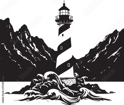 Lighthouse silhouette with spiral tower, rocky waves, and mountain backdrop for nautical, guidance, and dramatic themes