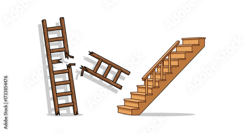Broken ladder falling apart next to a wooden staircase, Generative AI.