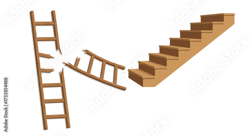 Broken Ladder and Stairs Symbolizing Failure and Success, Generative AI.
