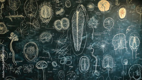 A wall covered in chalkboard diagrams of diseases, half-erased