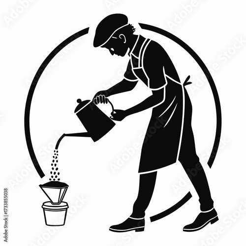 Barista pouring coffee beans into a filter cone vector