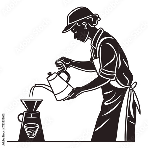 Barista pouring water into coffee filter vector