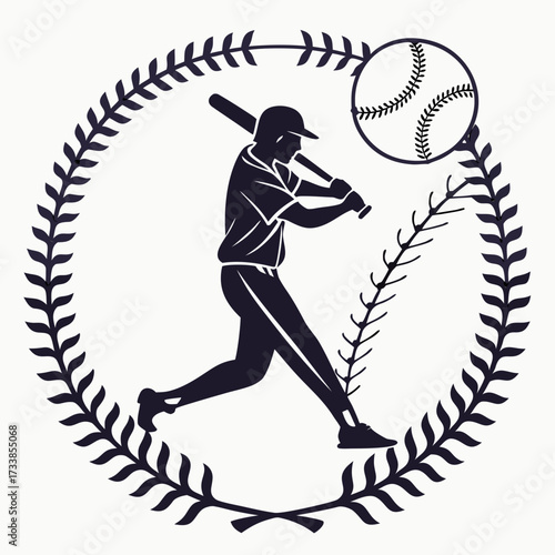 Baseball Player Silhouette with Laurel Wreath and Ball