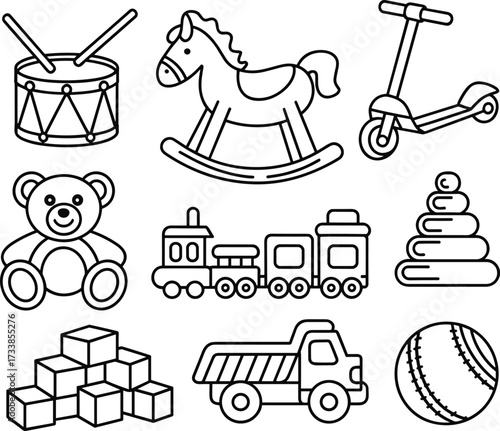 Collection Of Classic Childrens Toys Outline Art Including Drum vector illustration