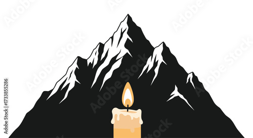 Candle in front of a dark mountain peak silhouette, Generative AI.