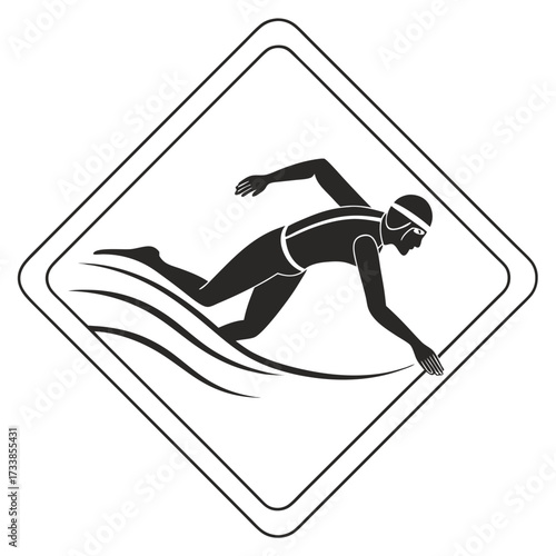 Black and white vector icon of a swimmer in a diamond frame