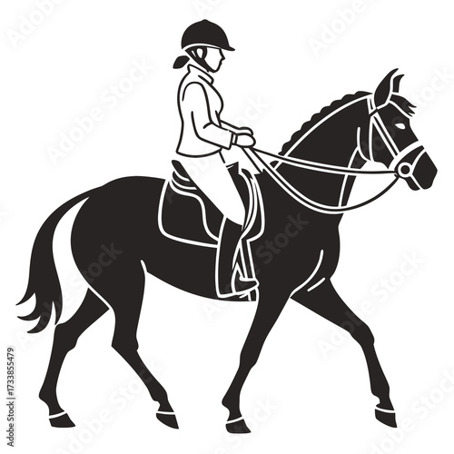 Black and white vector illustration of a person riding a horse