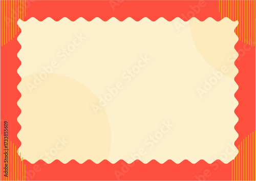 A vintage-style background featuring a central creamy yellow area with slightly rounded shapes and a scalloped (wavy) red border. The design is framed on the sides by striped orange accents, giving it