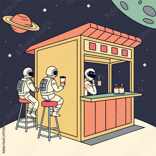 Two astronauts sit on stools, sipping drinks from a space bar. Another astronaut works as a bartender, set against a background of planets and stars.

