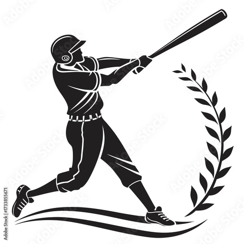 Black silhouette baseball player swinging bat with laurel wreath