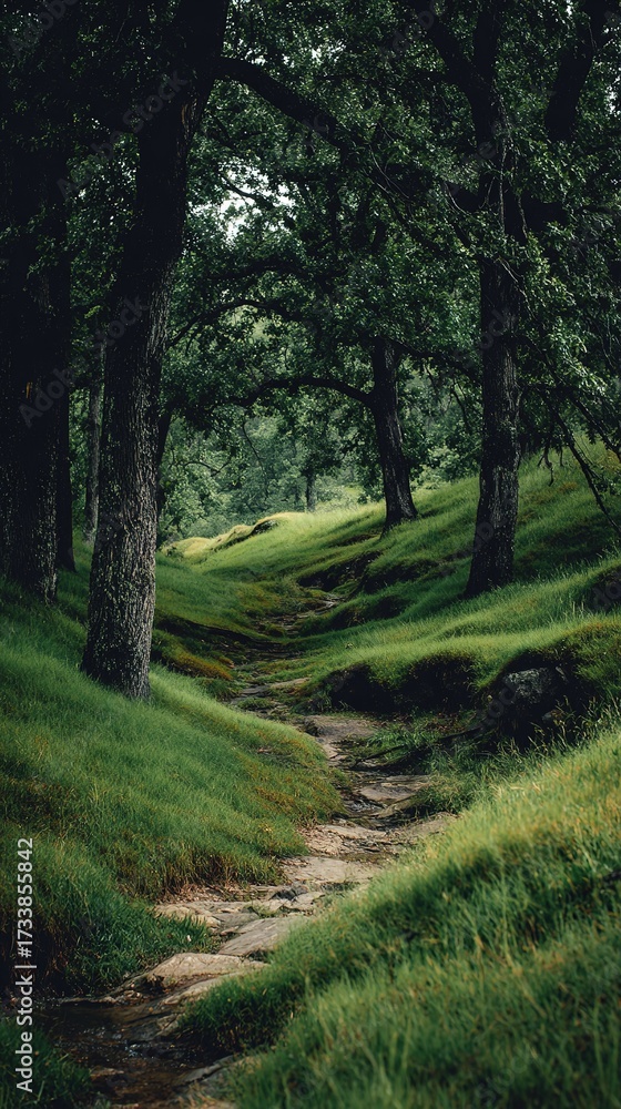 Obraz premium Winding Trail Through Lush Green Forest
