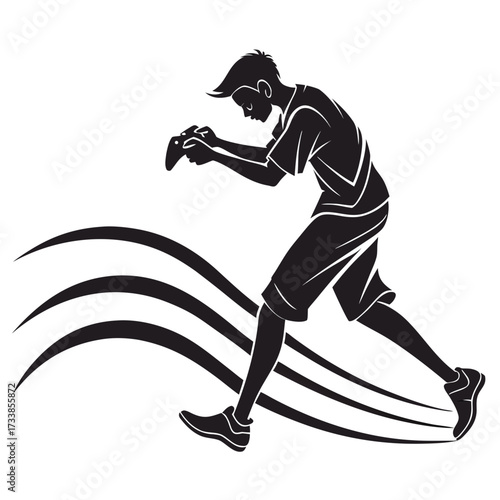 Black silhouette of a boy playing video games with motion lines