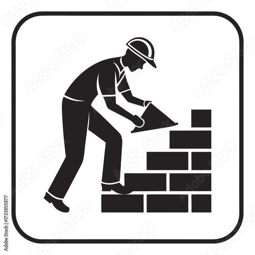 Black silhouette of a bricklayer building a wall construction