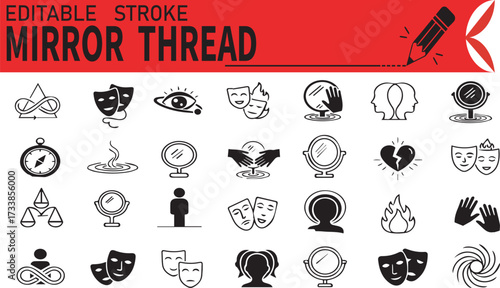 "Editable Stroke Mirror Icons – Emotional Expression, Identity, and Self-Reflection Symbol Set"