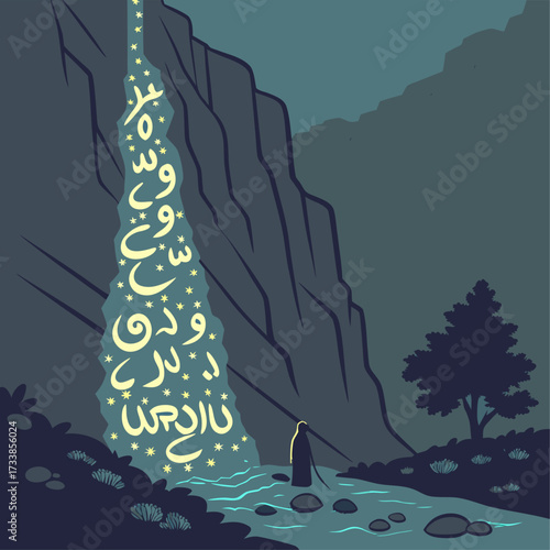 An illustration of a waterfall flowing from a dark cliff into a river. Glowing Arabic letters form the waterfall, reading vertically: "ﻭﺩّﺍ ﻭﺩّ ﻧﻮﺭ ﻭﺟﻮﺩ ﻧُﻮﺭ"

