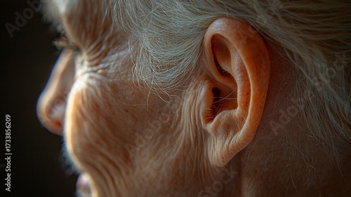 Close-up profile of an elderly person's face and ear, showing wrinkles and age