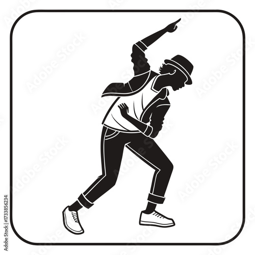 Fotografia Black silhouette of a man dancing in a fedora hat black and white