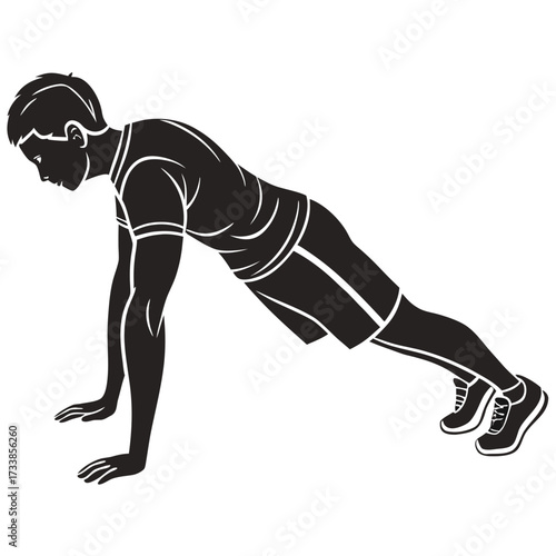 Black silhouette of a man doing a plank exercise fitness 1