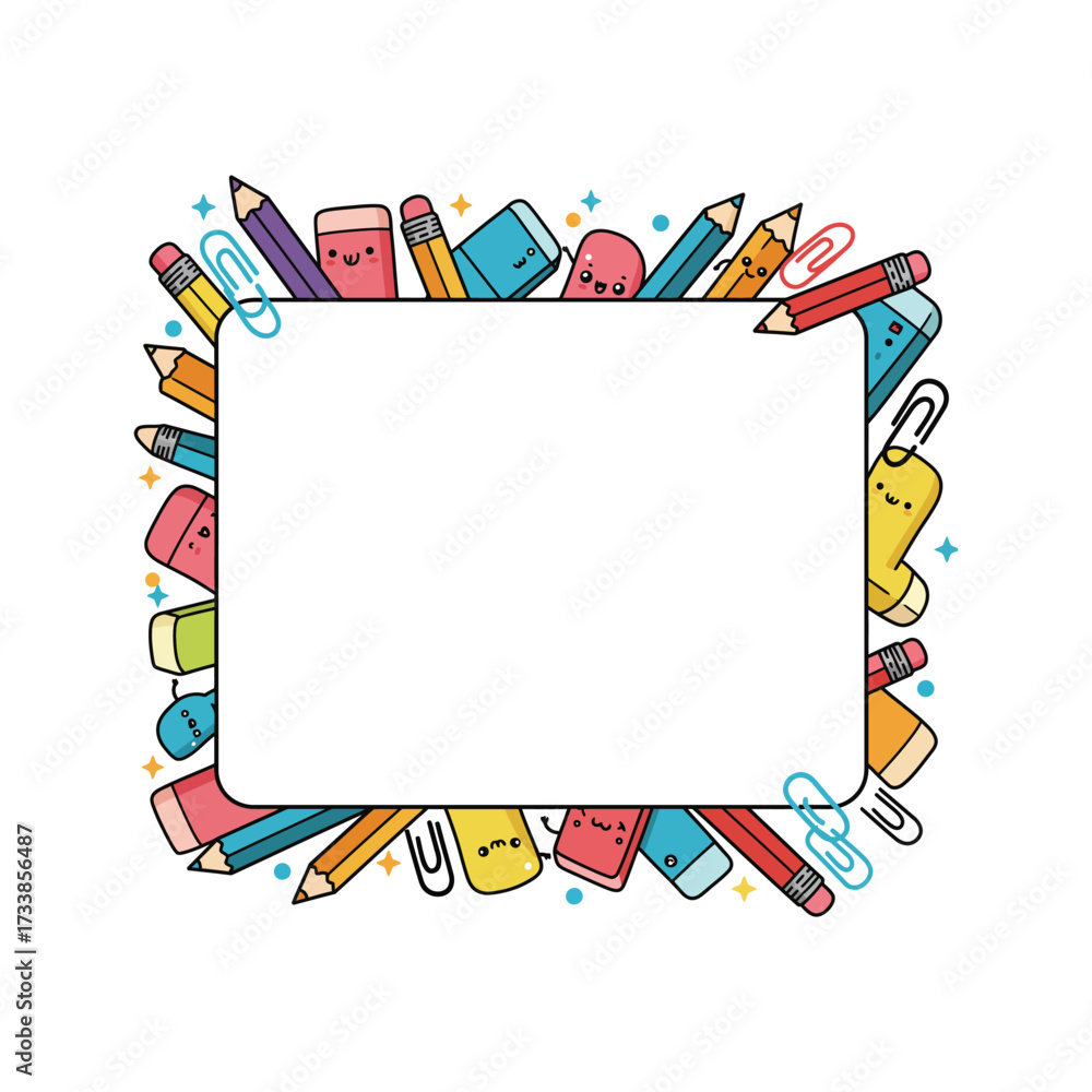 Obraz premium A frame made of pencils, erasers, and paperclips with a blank white space in the center.