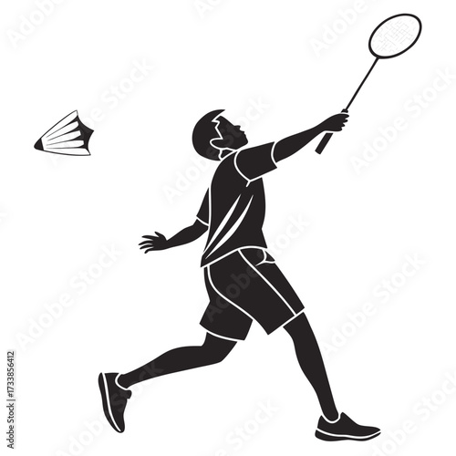Black silhouette of a man playing badminton hitting shuttlecock