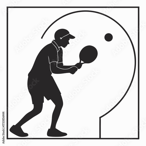 Black silhouette of a man playing tennis within a curved frame