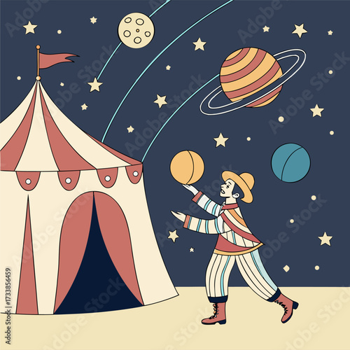 A vector illustration for sale on a stock website depicts a circus performer juggling planets next to a big top tent at night, with a festive and whimsical vibe. The dark blue background is scattered 