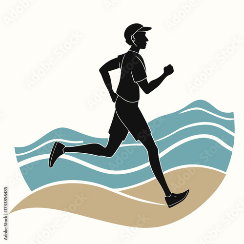 Black silhouette of a man running on a beach with stylized waves