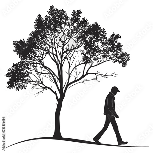 Black silhouette of a man walking under a tree nature