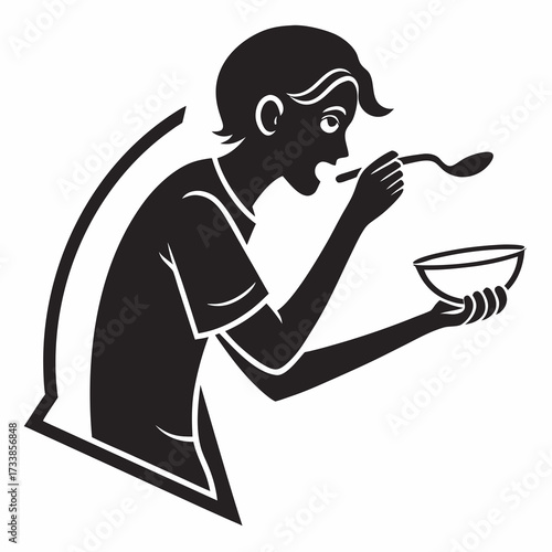 Black silhouette of a person eating from a bowl with a spoon 3