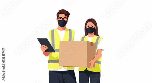Delivery workers with box and tablet wearing masks and safety vests.