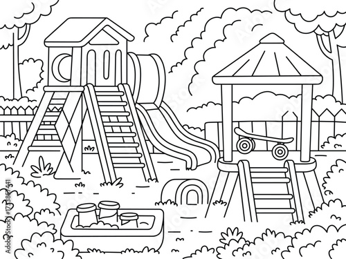 Outdoor Playground Scene With Slides and Sandbox park children