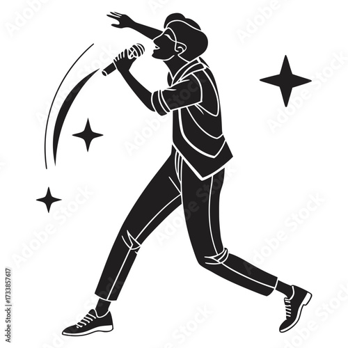 Black silhouette of a singer holding a microphone and performing