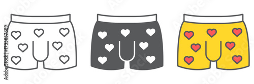 Men underwear with hearts icon, valentine and holiday, men panties sign, vector graphics, a linear pattern on a white background, editable stroke.