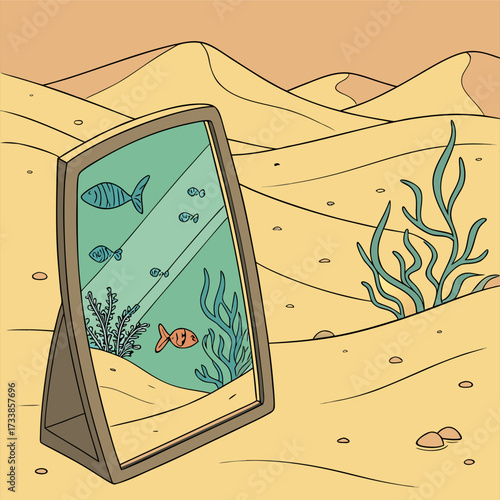 The image shows an illustration of a fish tank in the desert. The tank contains blue and orange fish among seaweed, juxtaposed against the sandy landscape.

