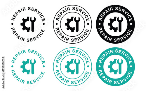 repair service badge vector set. maintenance, mechanic, tool, gear, wrench, fix, equipment label. vector illustration 