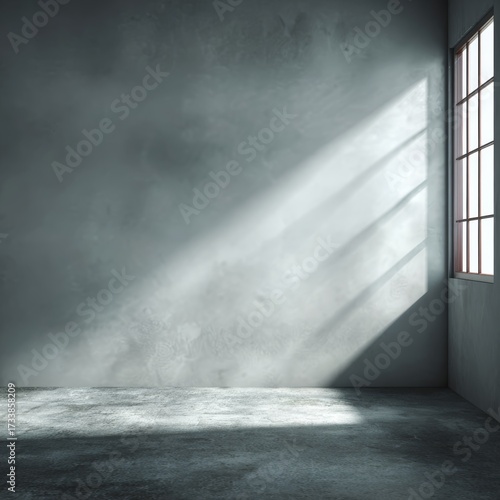 A moody interior room with the light coming through a window, casting dramatic shadows across the concrete wall