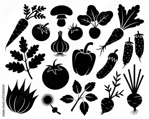 Black and White Vegetable Silhouettes Healthy Food Illustration for Cooking Books and Recipe Cards Garden Harvest Design Element